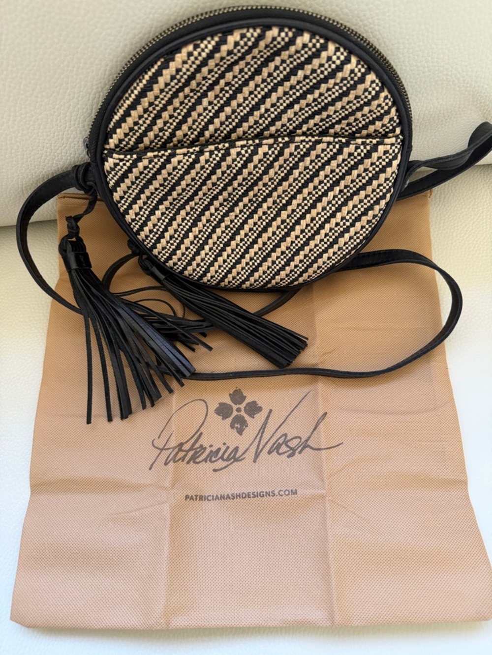 Patricia Nash Black and Natural Round Woven Crossbody w Dust Bag
